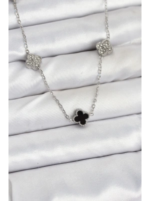 316L Çelik Zincir Gümüş Renk Siyah ve Zirkon Taşlı Baby Boy Yonca Kadın Kolye