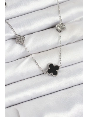 316L Çelik Zincir Gümüş Renk Siyah ve Zirkon Taşlı Yonca Kadın Kolye