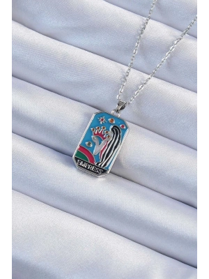 316L Çelik Zincir Gümüş Renk Taç ve Kız Figürlü Renkli Mineli Tarot Kolye