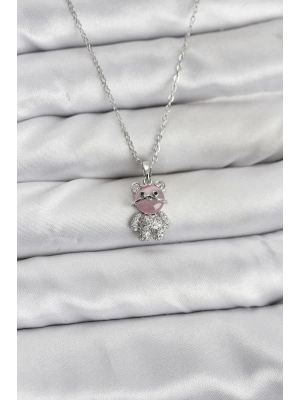 316L Çelik Zincir Gümüş Renk Teddy Bear Model Zirkon Taşlı Kadın Kolye