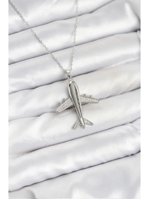 316L Çelik Zincir Gümüş Renk Uçak Model Kadın Kolye