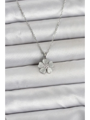 316L Çelik Zincir Gümüş Renk Yonca Model Kadın Kolye