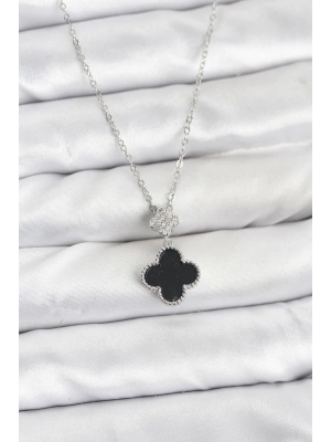 316L Çelik Zincir Gümüş Renk Yonca Model Zirkon Taşlı Kadın Kolye