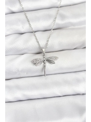 316L Çelik Zincir Gümüş Renk Yusufçuk Model Zirkon Taşlı Kadın Kolye