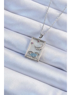 316L Çelik Zincir Gümüş Renk Zirkon Taşlı Ay Figürlü Tarot Kolye