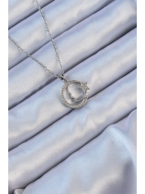 316L Çelik Zincir Gümüş Renk Zirkon Taşlı Ay Yıldız Simgeli Atatürk Kolye