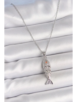 316L Çelik Zincir Gümüş Renk Zirkon Taşlı Balık Figürlü Kolye