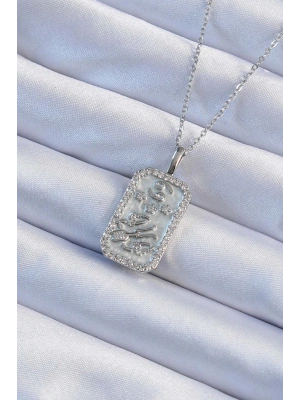 316L Çelik Zincir Gümüş Renk Zirkon Taşlı Çerçeveli Tarot Kolye