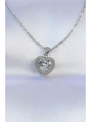 316L Çelik Zincir Gümüş Renk Zirkon Taşlı Charm Kalp Kolye