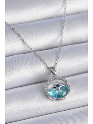 316L Çelik Zincir Gümüş Renk Zirkon Taşlı Deniz Görünüm Kutup Yıldızı Kolye