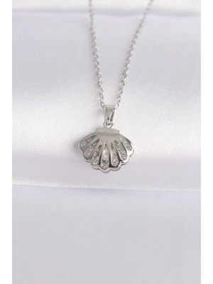 316L Çelik Zincir Gümüş Renk Zirkon Taşlı İnci Detay İstiridye Kolye