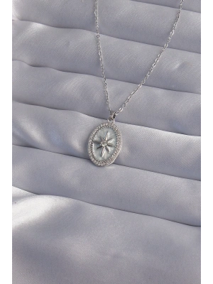 316L Çelik Zincir Gümüş Renk Zirkon Taşlı Kabartmalı Kutup Yıldızı Kolye