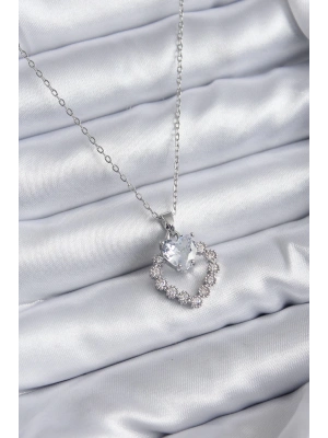 316L Çelik Zincir Gümüş Renk Zirkon Taşlı Kalp Model Kadın Kolye