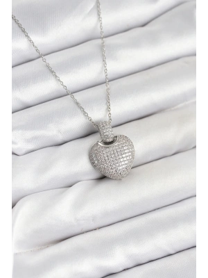 316L Çelik Zincir Gümüş Renk Zirkon Taşlı Kalpli Kadın Kolye
