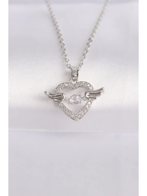 316L Çelik Zincir Gümüş Renk Zirkon Taşlı Kanatlı Kalp Kolye