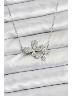 316L Çelik Zincir Gümüş Renk Zirkon Taşlı Kelebek Model Kadın Kolye