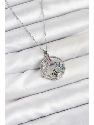 316L Çelik Zincir Gümüş Renk Zirkon Taşlı Kelebekli Kadın Kolye