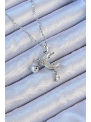 316L Çelik Zincir Gümüş Renk Zirkon Taşlı Kelebekli Mineli Ay Kolye