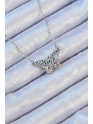 316L Çelik Zincir Gümüş Renk Zirkon Taşlı Nazarlı Kelebek Kolye