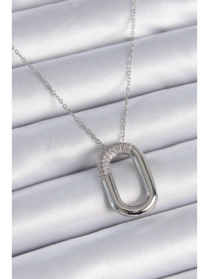 316L Çelik Zincir Gümüş Renk Zirkon Taşlı Oval Halka Model Kadın Kolye