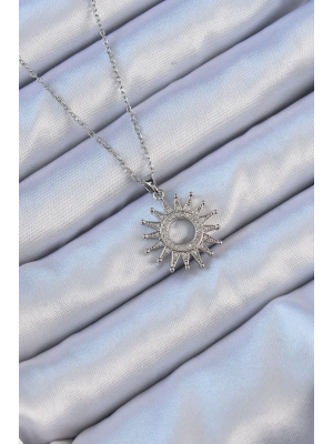 316L Çelik Zincir Gümüş Renk Zirkon Taşlı Parlayan Güneş Kolye