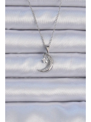 316L Çelik Zincir Gümüş Renk Zirkon Taşlı Sallantılı Ay Yıldız Kolye
