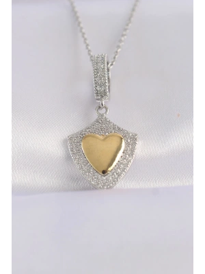 316L Çelik Zincir Gümüş Renk Zirkon Taşlı Tasarım Altın Renk Kalp Kolye