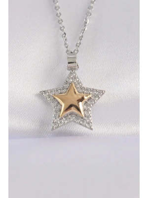316L Çelik Zincir Gümüş Renk Zirkon Taşlı Tasarım Altın Renk Yıldız Kolye