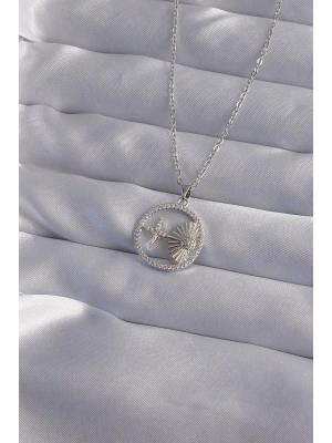 316L Çelik Zincir Gümüş Renk Zirkon Taşlı Yıldız Figürlü Oval Kolye