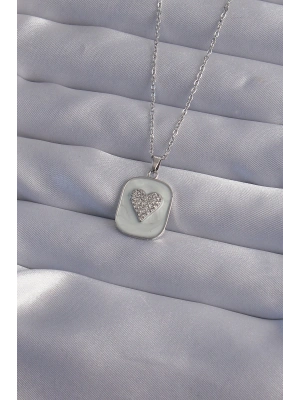 316L Çelik Zincir Mermer Desenli Gümüş Renk Zirkon Taşlı Kalp Model Kolye