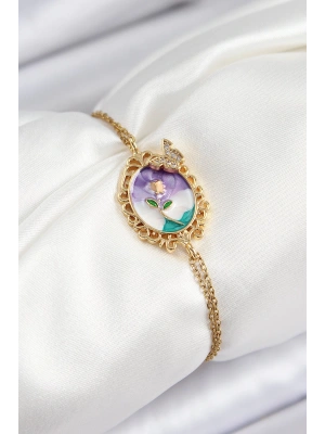 316L Çelik Zincir Mineli Sanatsal Portre Zirkon Taşlı Kelebek Detaylı Çiçek Model Gold Renk Kadın Bileklik