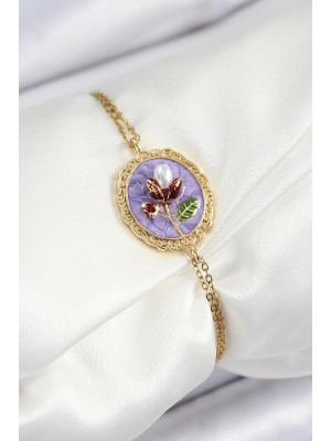 316L Çelik Zincir Mor Mineli Sanatsal Portre İnci Detaylı Lale Model Gold Renk Kadın Bileklik