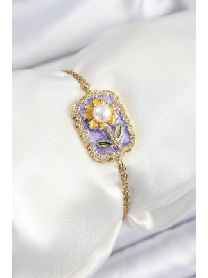 316L Çelik Zincir Mor Mineli Sanatsal Portre İnci Detaylı Papatya Model Gold Renk Kadın Bileklik