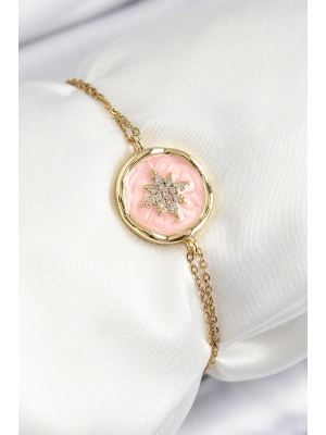 316L Çelik Zincir Pembe Mineli Sanatsal Portre Kuzey Yıldızı Model Gold Renk Kadın Bileklik