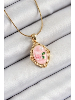 316L Çelik Zincir Pembe Sanatsal Portre İnci Detaylı Gül Figürlü Model Gold Renk Kadın Kolye