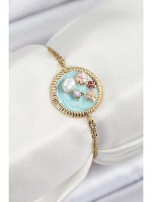 316L Çelik Zincir Turkuaz Mineli Sanatsal Portre İnci Detaylı Çiçek Model Gold Renk Kadın Bileklik