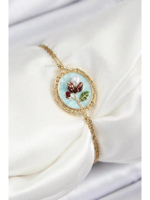 316L Çelik Zincir Turkuaz Mineli Sanatsal Portre İnci Detaylı Lale Model Gold Renk Kadın Bileklik