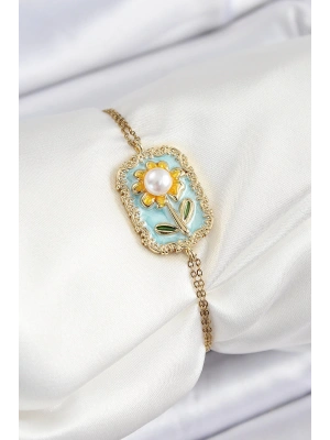 316L Çelik Zincir Turkuaz Mineli Sanatsal Portre İnci Detaylı Papatya Model Gold Renk Kadın Bileklik