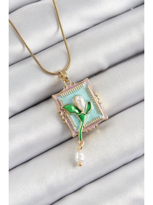 316L Çelik Zincir Turkuaz Sanatsal Portre Sallantılı İnci Detaylı Lale Model Gold Renk Kadın Kolye