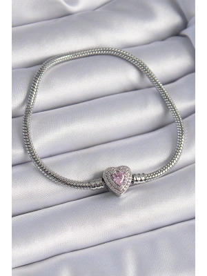 316L Çelik Zincir Zirkon Taşlı Kalp Figür Charm Model Kadın Bileklik