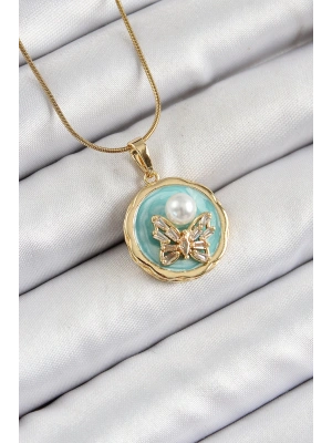 316L Çelik Zincir Zirkon Taşlı Turkuaz Sanatsal Portre İnci Detaylı Kelebek Model Gold Renk Kadın Kolye
