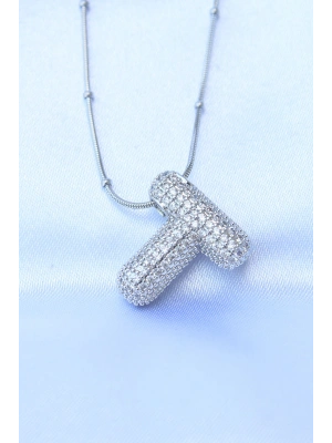 316L Çelik Zincirli Zirkon Taşlı T Harfli Gümüş Renk Bubble Kolye