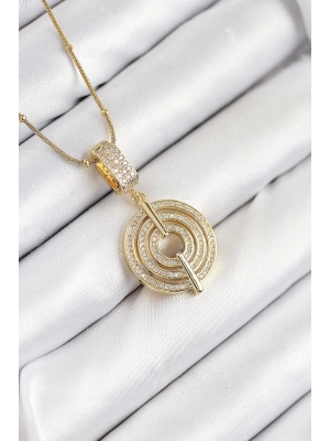 316L Çelik Zirkon Taşlı Çember Model Gold Renk Kadın Kolye