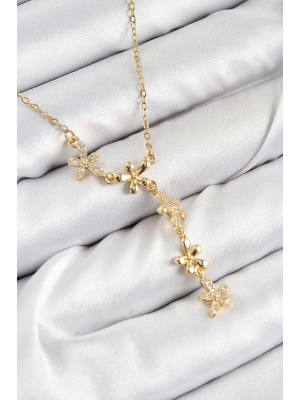 316L Çelik Zirkon Taşlı Çiçek Model Gold Renk Kadın Kolye