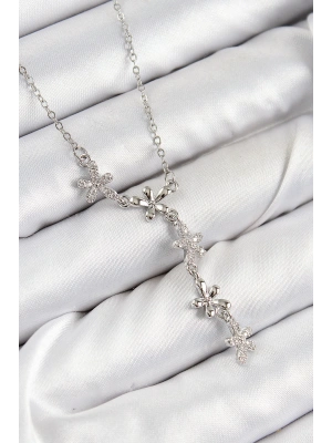 316L Çelik Zirkon Taşlı Çiçek Model Gümüş Renk Kadın Kolye