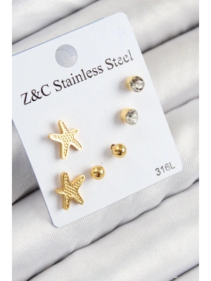 316L Çelik Zirkon Taşlı Deniz Yıldızı Model Gümüş Renk Kadın Set Küpe