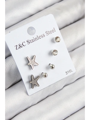 316L Çelik Zirkon Taşlı Deniz Yıldızı Model Gümüş Renk Kadın Set Küpe