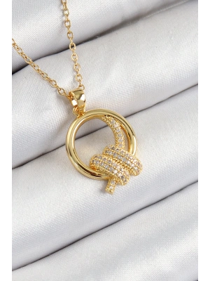 316L Çelik Zirkon Taşlı Düğüm Model Gold Renk Kadın Kolye