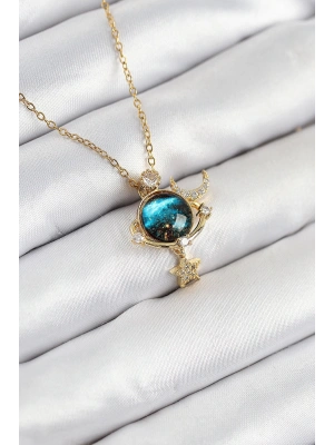 316L Çelik Zirkon Taşlı Gezegen Model Gold Renk Kadın Kolye