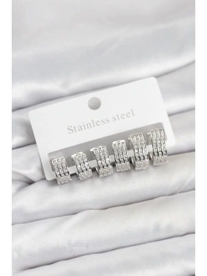 316L Çelik Zirkon Taşlı Gümüş Renk Halka Küpe Seti